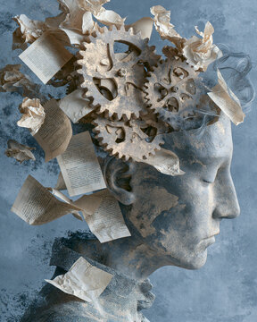 Abstract Human Head Collage with Gears and Books: Surreal Artwork Highlighting Creativity and Imagination