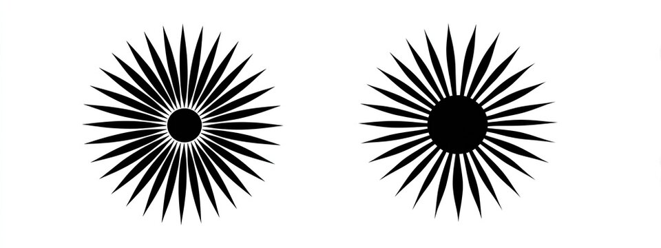 Two stylized sunburst designs with black and white elements. Each has a central circle with radiating lines