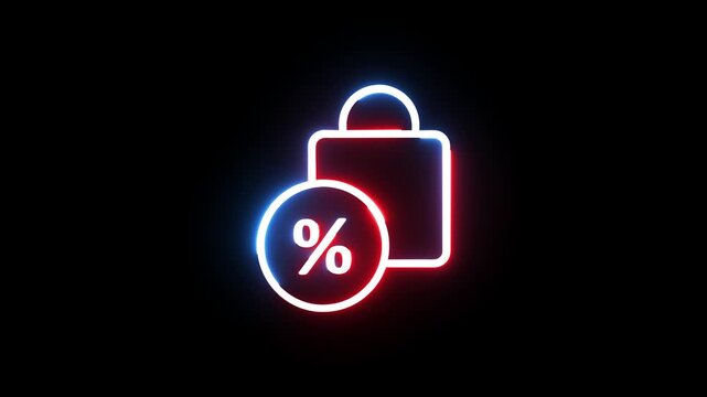 Neon glow percent sign with shopping bag moving animation for online deals and e-commerce sales