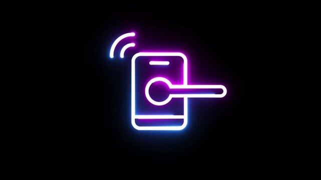Neon smartphone door lock icon animation digital security concept for smart home system