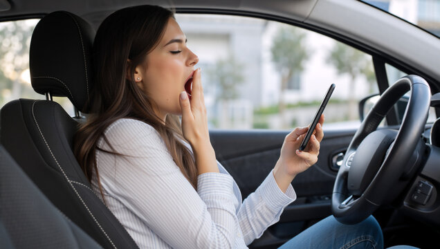 Tired young woman yawning in car while looking at smartphone. Sleepy female driver holding mobile phone