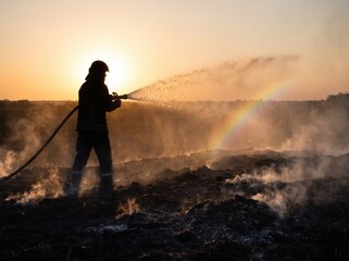 Obraz premium Brave Silhouette Firefighter Spraying Water From Hose Onto Smoking Charred Field