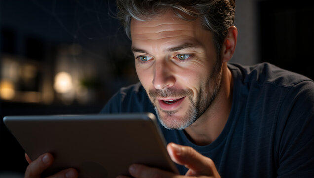 Close up of a man looking at a tablet screen at night. Surprised male using digital device in a dark room. Technology and entertainment concept