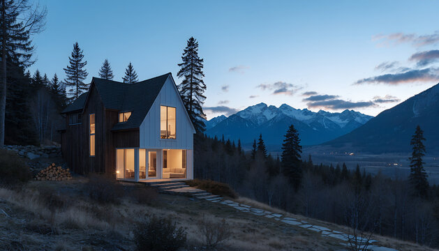Mountain Modern Farmhouse Escape

Modern farmhouse in a mountain valley at blue hour, snow-capped peaks in the distance, warm interior lighting, cedar siding mixed with white board-and-batten, premium
