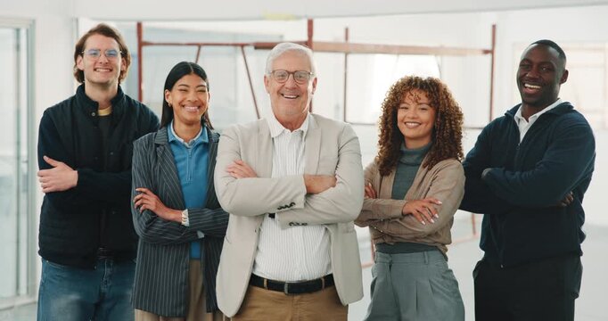 Architecture, face or people on site with arms crossed, design group or about us as contractors. Happy, team or engineers with confidence, solidarity or diverse staff in infrastructure development.