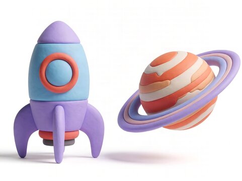 3D clay space rocket and planet illustration with universe exploration astronomy adventure discovery sculpture creative colorful isolated background