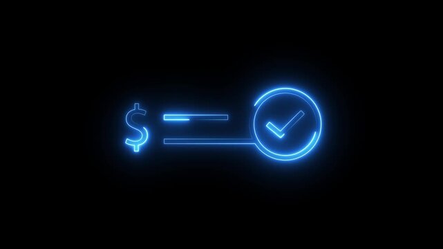 Neon money transfer icon glowing blue on black background featuring dollar sign with check