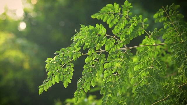 Fresh green leaves of a Moringa tree bathed in sunlight