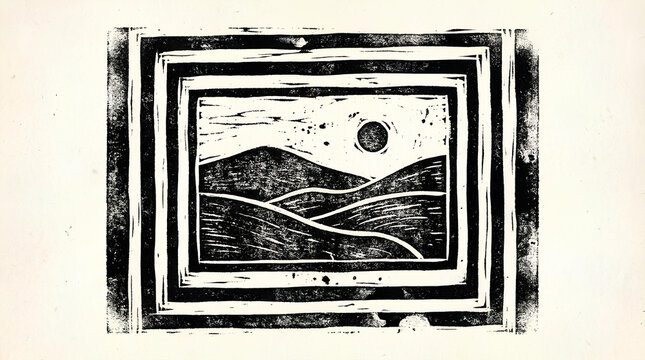 Linocut print of stylized mountain landscape.