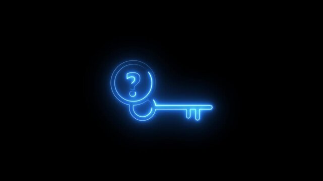 Blue neon key with question mark symbol on black background, mysterious solution