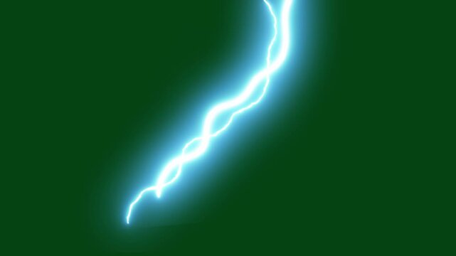 Hand-drawn electric lightning FX animation, bright blue electric lightning bolt striking across on green screen, featuring glowing thunder arcs, animated storm bolt effect alpha channel