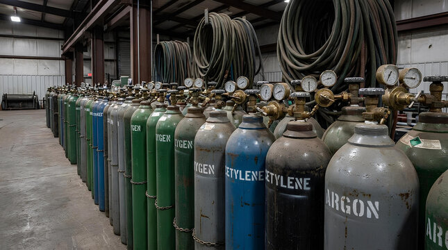 Industrial gas cylinders stored in a warehouse.