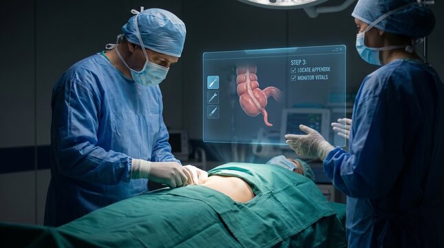 Surgeons performing an appendectomy using advanced augmented reality holographic technology in a modern operating room