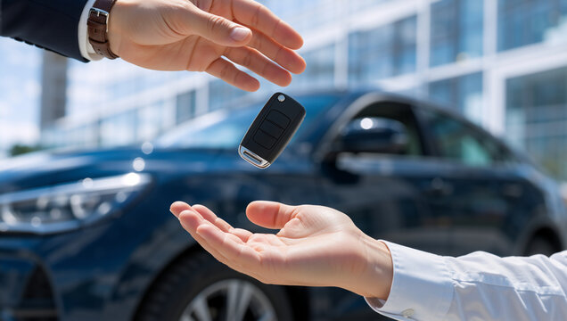 Handing over a car key fob close up. Customer receiving keys for a new blue vehicle at a dealership. Auto purchase or rental concept