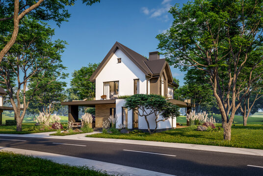3d rendering of contemporary architectural luxury house exterior. Modern Scandinavian style family home with a white plaster walls, dark roof, and beautiful garden on a bright sunny day