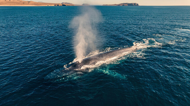 Large humpback whale breaching surface of blue ocean water.