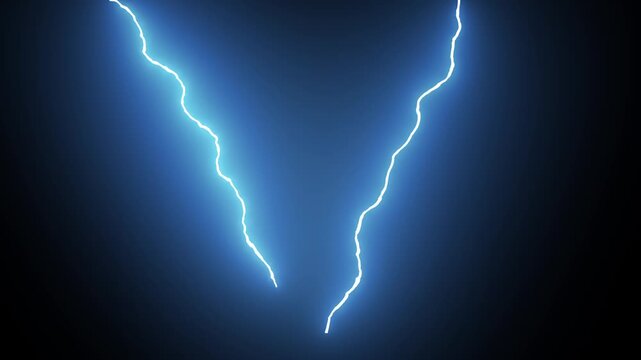 4k Hand-drawn electric lightning FX animation, bright blue electric lightning bolt striking across on black screen, featuring glowing thunder arcs, animated storm bolt effect alpha channel