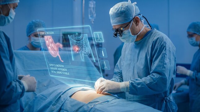 Surgeon performing an appendectomy with augmented reality holographic interface in a modern hightech operating room