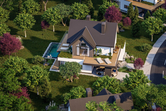 3d rendering of contemporary architectural luxury house exterior. Modern Scandinavian style family home with a white plaster walls, dark roof, and beautiful garden on a bright sunny day