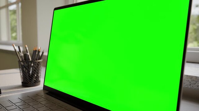 Laptop with Green Screen Mockup on Desk in Minimalistic Office Interior - Perspective Angle View