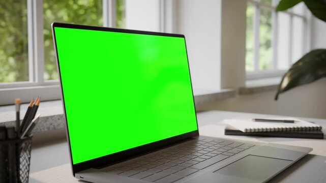 Laptop with Green Screen Mockup on Desk in Minimalistic Office Interior - Perspective Angle View