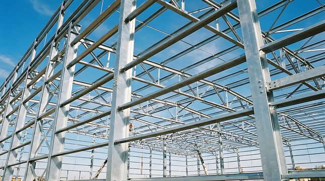 Low angle view of metal structural beams and girders for a commercial warehouse construction project
