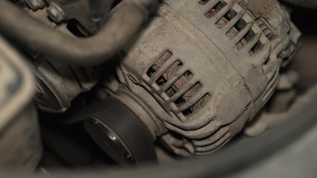 Dusty car alternator with drive belt inside dusty engine bay.