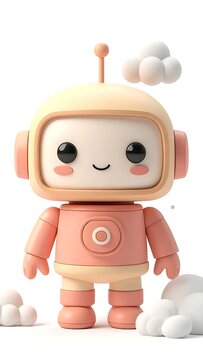Cute 3D Rendered Robot Character with Clouds.