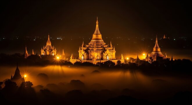 Elevated view of ancient Buddhist pagodas in Myanmar illuminated with vibrant golden lights and surrounded by ground mist at night