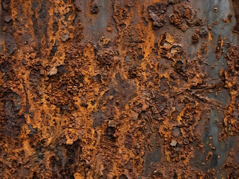 Close up of heavily rusted metal surface with textured corrosion and orange tones