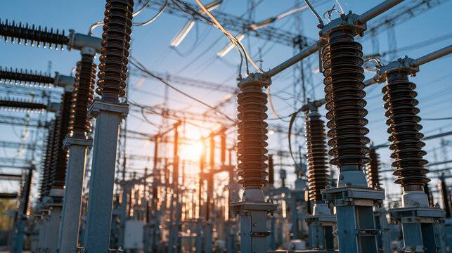 High voltage electrical substation components against a sunset sky. Energy infrastructure and power grid distribution.