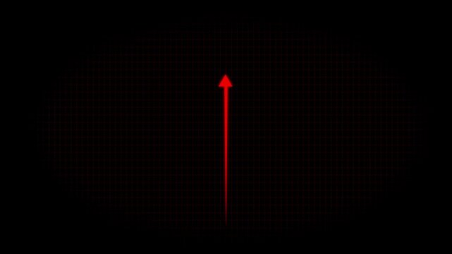Arrow sign symbol looping animation direction concept animated Bright red arrow pointing to the  down to up on a dark red grid background.