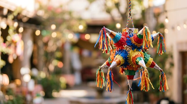Vibrant star shaped pinata hanging in a sunlit courtyard