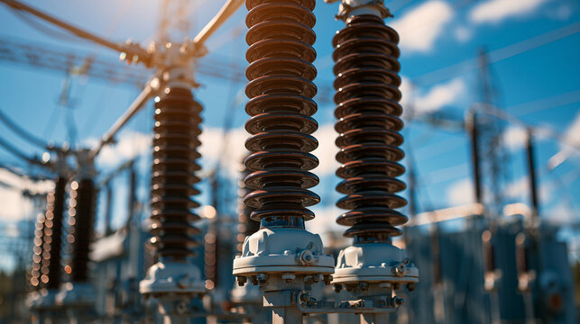 High voltage electrical insulators at a power substation. This image illustrates power grid infrastructure and energy.