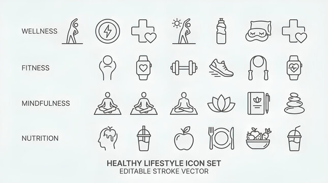 Healthy lifestyle outline icon set for wellness and fitness.