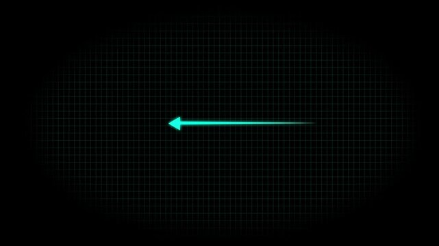 Arrow sign symbol looping animation direction concept animated Bright cyan arrow pointing to the  right to left on a dark cyan grid background.
