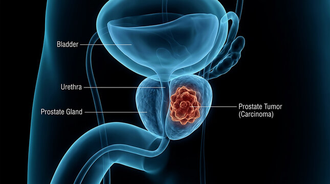 Medical diagram showing prostate tumor affecting bladder and urethra