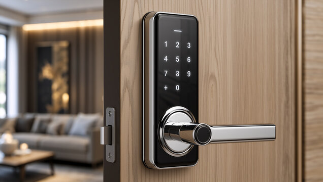 Close up of a modern smart door lock on a wooden door. Electronic digital keypad with chrome handle for keyless home entry. Smart home security concept