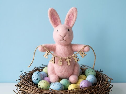 Pink rabbit with basket of colorful easter eggs easter bunny