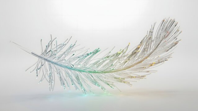 Glowing fiber optic feather isolated on white background &ndash; Great for lightweight tech materials, delicate digital art, or telecommunication branding.