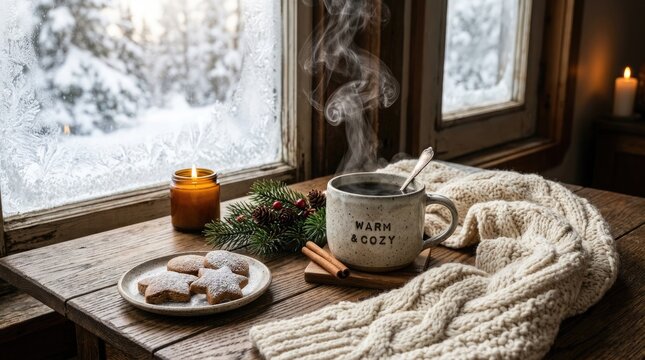 Cozy winter morning scene with hot drink near snowy window seasonal evergreen atmosphere