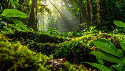 Fototapeta premium Lush rainforest canopy with vibrant green foliage bathed in ethereal sunbeams, a dense and ancient natural ecosystem