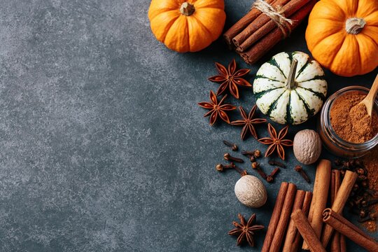 Autumn flat lay with pumpkin and fall spices like cinnamon anise nutmeg and cloves