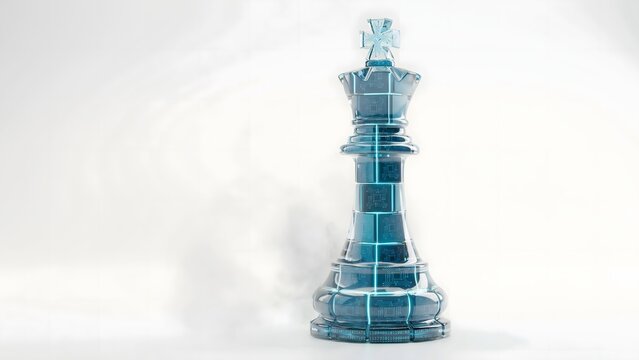 Digital chess king made of translucent cubes on white background &ndash; Ideal for corporate strategy, executive decision making, or smart gaming platforms.