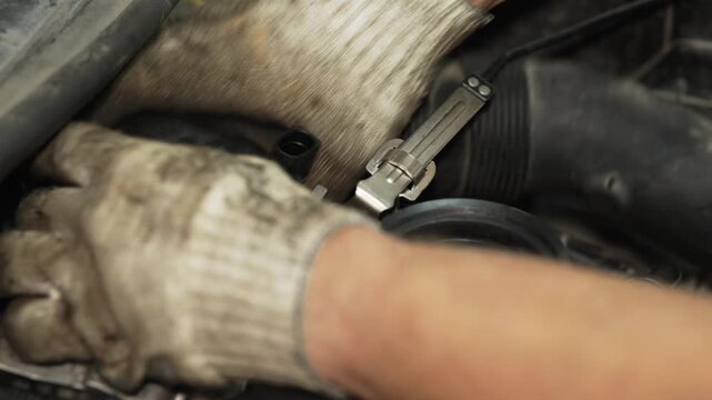 Mechanic using a metal clamp tool on car radiator hose.