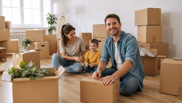 Happy young family moving into a new home. Smiling parents with their little son sitting on the floor surrounded by cardboard boxes. Relocation and real estate concept