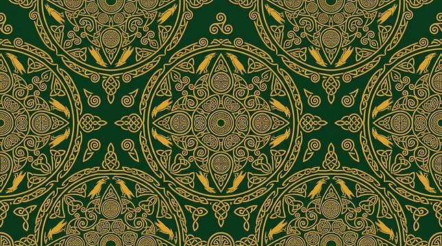 Golden celtic mandala pattern with ravens on dark green background