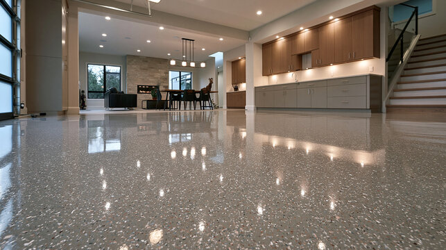 Modern luxury interior featuring high-gloss epoxy floor in a contemporary living space. Ideal for home design.