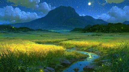 Obraz premium Painterly Night Grassland Valley with Full Moon, Fireflies and Starry Sky over Stream