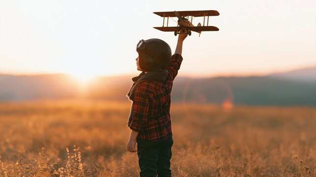 Child silhouette of a boy playing with a toy airplane in a meadow at sunset field